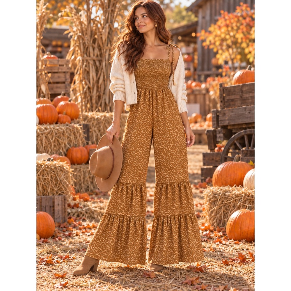 Boho Floral Smocked Wide Leg Fall Jumpsuit Size S Pumpkin Patch Festival Flowy
